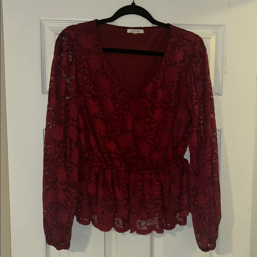 Maurices Lace V-Neck Blouse - Deep Red